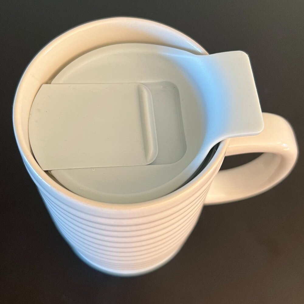 CROFTON White Ceramic Lidded Travel Mug with Mint Green Non-Slip Silicone Bottom - Picture 5 of 11